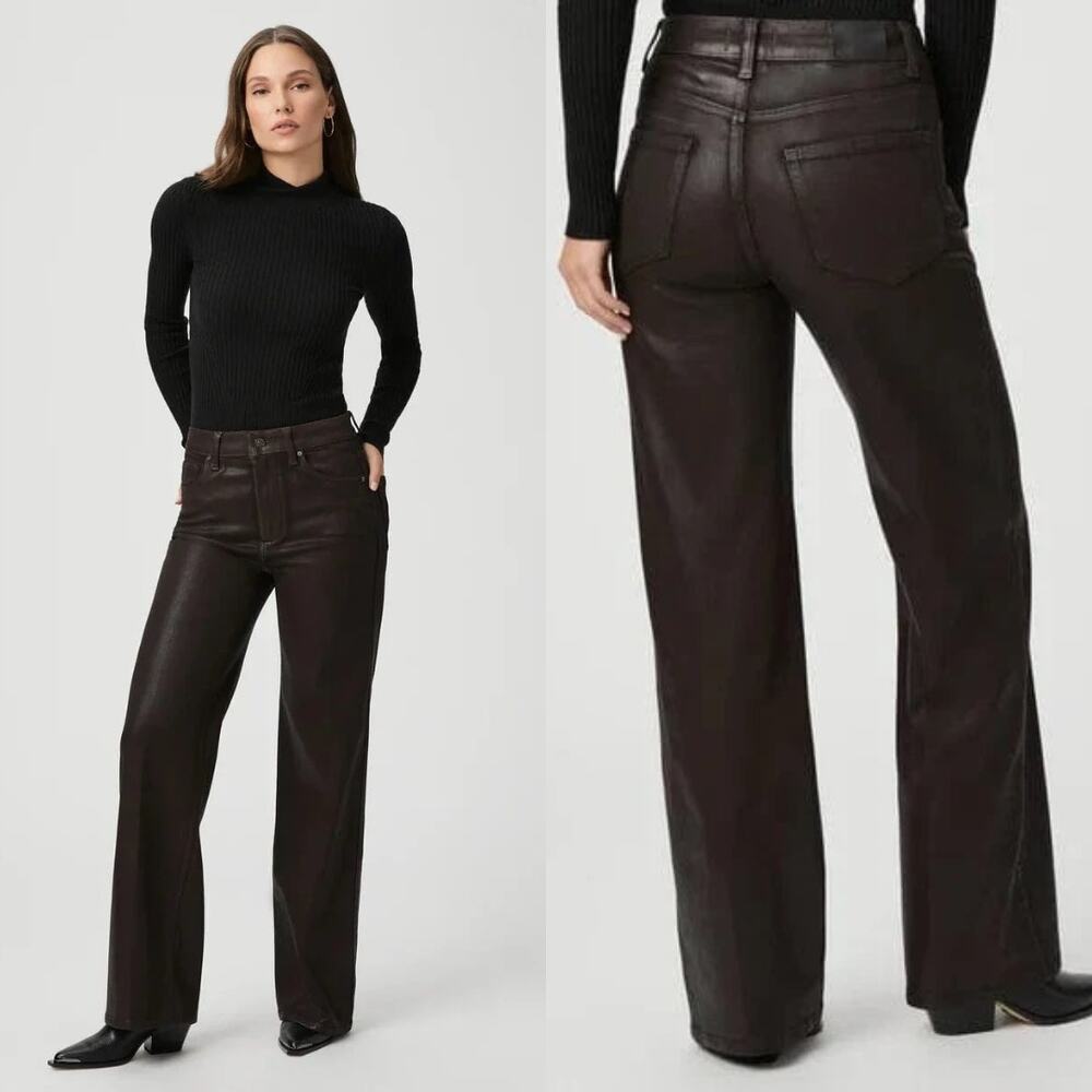 PAIGE Sasha 33 Chicory Coffee Luxe Coated Wide Leg Pants 27.5